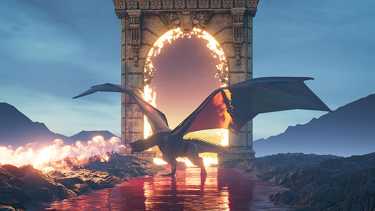 Dragon blowing fire in front of fiery archway
