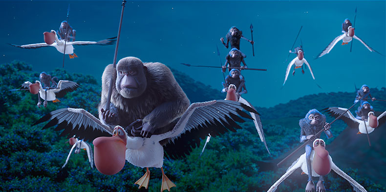 Animated monkeys with spears flying on pelicans at night 