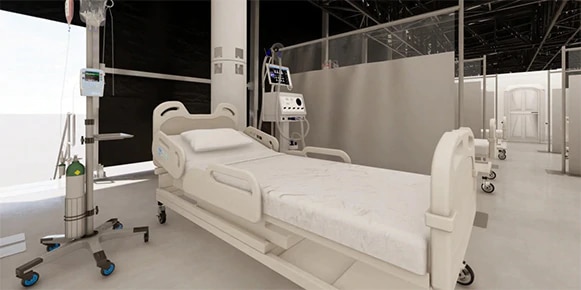 Rendering of a medical facility focused on a hospital bed