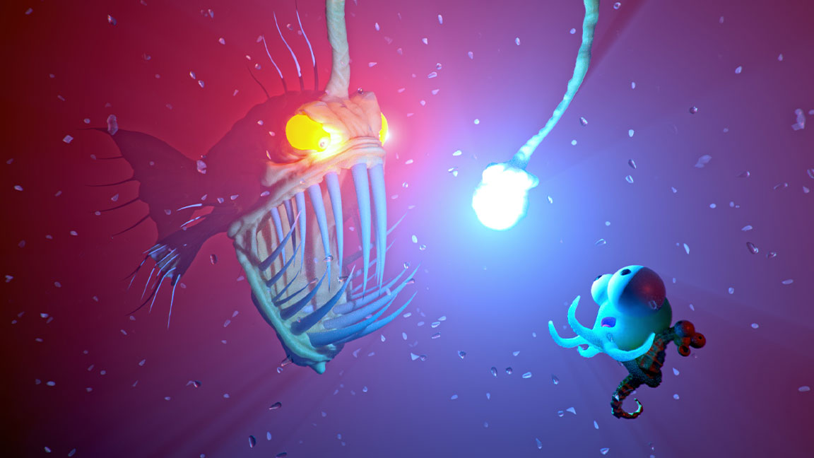 Rendering animation of deep-sea anglerfish luring in a small fish with its bioluminescent beacon, created in 3ds Max Arnold 