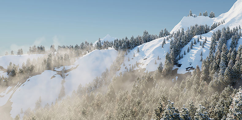 Animated snow-covered mountains, trees, and fog 