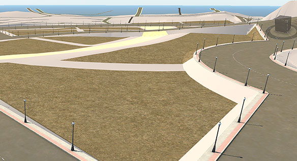 In-progress model of beachfront development showing streets, sidewalks, and grassy areas WDI STUDIOS