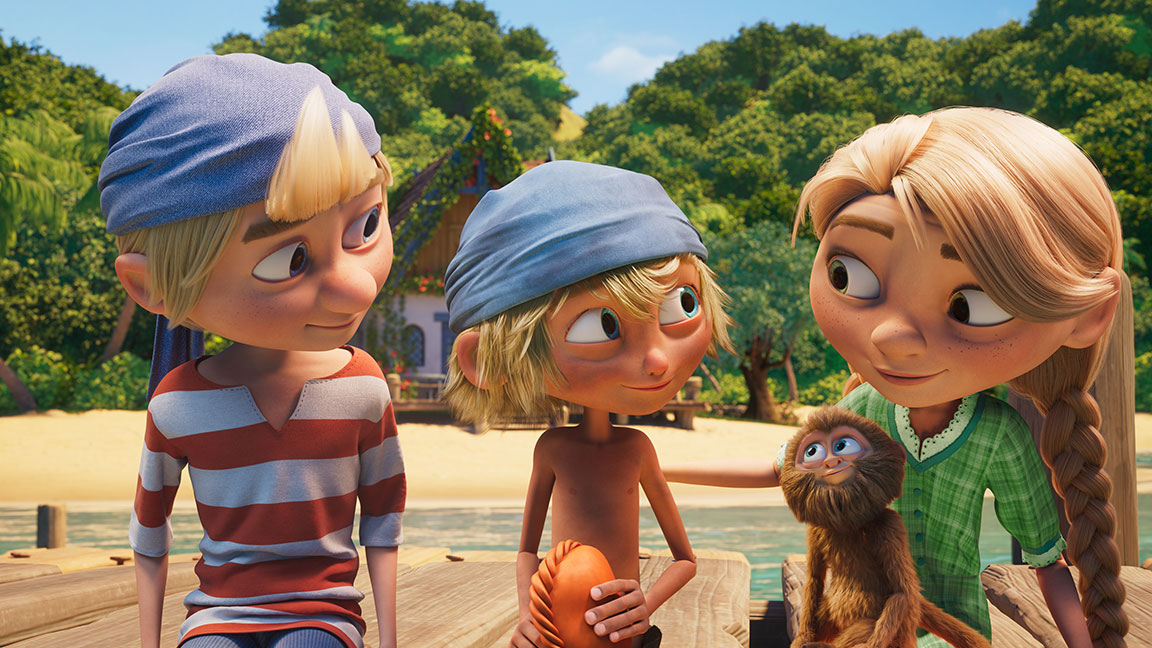 3D animation from Captain Sabertooth of 2 boys, a girl, and a monkey sitting on a wooden pier in a tropical beach setting